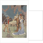 Princess with two men near fountain by Anonymous