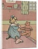 Girl winding yarn with teddy bear by Anonymous