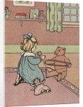 Girl winding yarn with teddy bear by Anonymous