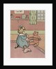 Girl winding yarn with teddy bear by Anonymous