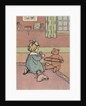 Girl winding yarn with teddy bear by Anonymous