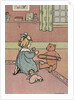 Girl winding yarn with teddy bear by Anonymous