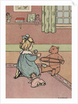 Girl winding yarn with teddy bear by Anonymous