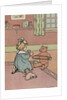 Girl winding yarn with teddy bear by Anonymous
