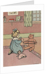 Girl winding yarn with teddy bear by Anonymous