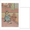 Girl winding yarn with teddy bear by Anonymous