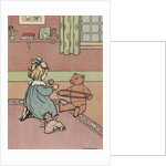 Girl winding yarn with teddy bear by Anonymous