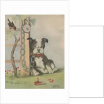 Chained dog sitting near chewed up shoe by Anonymous