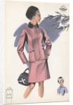 Model wearing fur-trimmed pink suit by Anonymous