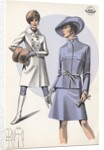 Models wearing coat and belted suit by Anonymous