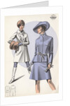 Models wearing coat and belted suit by Anonymous