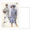 Models wearing coat and belted suit by Anonymous