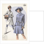 Models wearing coat and belted suit by Anonymous