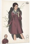 Model wearing coat with fur collar by Anonymous