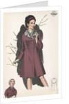 Model wearing coat with fur collar by Anonymous