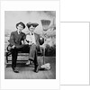 Two young men on a bench with a broom, ca. 1900 by Anonymous