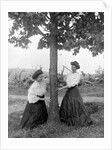 Two women chase each other around a tree, ca. 1910 by Anonymous