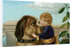 Boy hugging large dog by Anonymous
