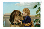 Boy hugging large dog by Anonymous