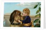 Boy hugging large dog by Anonymous