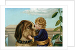 Boy hugging large dog by Anonymous