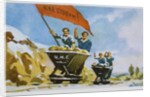 A happy New Year card. Volunteer quarry workers in Bulgaria, engaged in the post-war reconstruction and recovery effort under Communism, saluting the new year with red flag. Post World War II. by Anonymous
