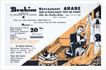 Flyer for the Moroccan restaurant Brahim showing women in inter-war dresses in a room with Middle-Eastern furniture and decor by Anonymous