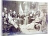 1870's musical soirée. List is at the piano and Wagner is reading the score. Other musicaians and their families are gathered around. by Anonymous