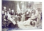 1870's musical soirée. List is at the piano and Wagner is reading the score. Other musicaians and their families are gathered around. by Anonymous