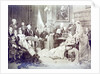 1870's musical soirée. List is at the piano and Wagner is reading the score. Other musicaians and their families are gathered around. by Anonymous
