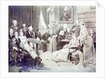 1870's musical soirée. List is at the piano and Wagner is reading the score. Other musicaians and their families are gathered around. by Anonymous