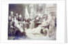 1870's musical soirée. List is at the piano and Wagner is reading the score. Other musicaians and their families are gathered around. by Anonymous
