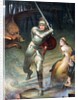 St. George resucing a handcuffed maiden threatened by a dragon. From a painting by Halle, published in Boy's Own Paper c 1905. by Anonymous