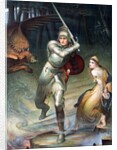 St. George resucing a handcuffed maiden threatened by a dragon. From a painting by Halle, published in Boy's Own Paper c 1905. by Anonymous