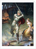 St. George resucing a handcuffed maiden threatened by a dragon. From a painting by Halle, published in Boy's Own Paper c 1905. by Anonymous