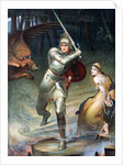 St. George resucing a handcuffed maiden threatened by a dragon. From a painting by Halle, published in Boy's Own Paper c 1905. by Anonymous