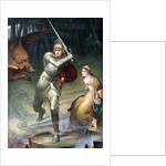 St. George resucing a handcuffed maiden threatened by a dragon. From a painting by Halle, published in Boy's Own Paper c 1905. by Anonymous