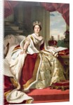 Painting by Winterhalter of Queen Victoria in her state robes. Westminster Abbey and the palace of Westminster can be seen in the background. by Anonymous