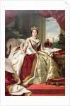 Painting by Winterhalter of Queen Victoria in her state robes. Westminster Abbey and the palace of Westminster can be seen in the background. by Anonymous