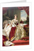 Painting by Winterhalter of Queen Victoria in her state robes. Westminster Abbey and the palace of Westminster can be seen in the background. by Anonymous