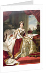 Painting by Winterhalter of Queen Victoria in her state robes. Westminster Abbey and the palace of Westminster can be seen in the background. by Anonymous