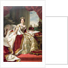 Painting by Winterhalter of Queen Victoria in her state robes. Westminster Abbey and the palace of Westminster can be seen in the background. by Anonymous