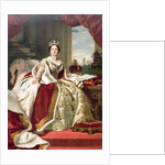 Painting by Winterhalter of Queen Victoria in her state robes. Westminster Abbey and the palace of Westminster can be seen in the background. by Anonymous