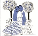 Illustration of romantic hot dog couple sitting on a park bench by Anonymous
