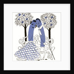 Illustration of romantic hot dog couple sitting on a park bench by Anonymous