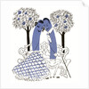 Illustration of romantic hot dog couple sitting on a park bench by Anonymous