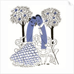Illustration of romantic hot dog couple sitting on a park bench by Anonymous