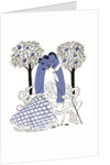 Illustration of romantic hot dog couple sitting on a park bench by Anonymous