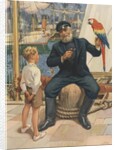Little boy talking to sailor with parrot by Anonymous