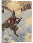 Rabbit carrying basket sliding down snow bank by Anonymous